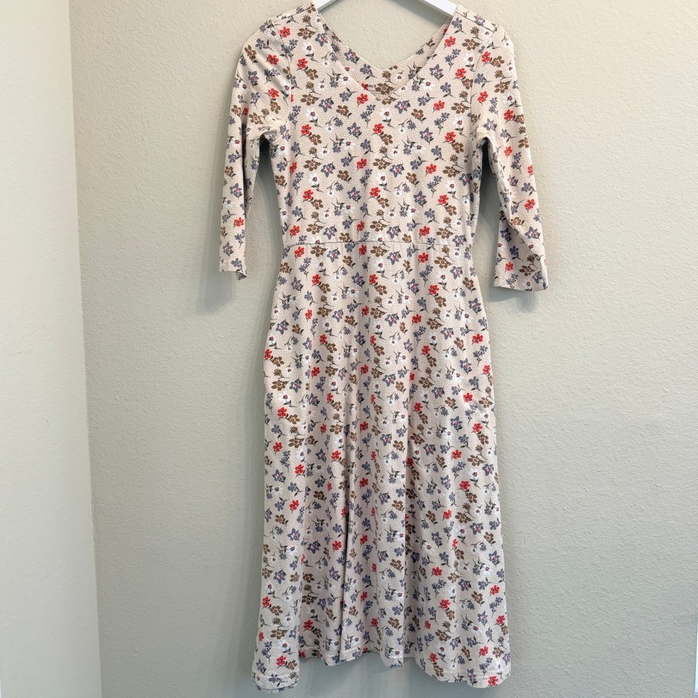 Pact Organic Cotton Fit and Flare Midi Dress Floral V-Neck 3/4 Sleeve Tan Size M